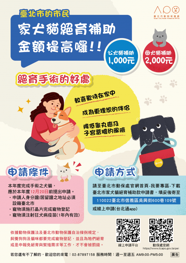 家犬貓絕育補助　金額提高囉！！